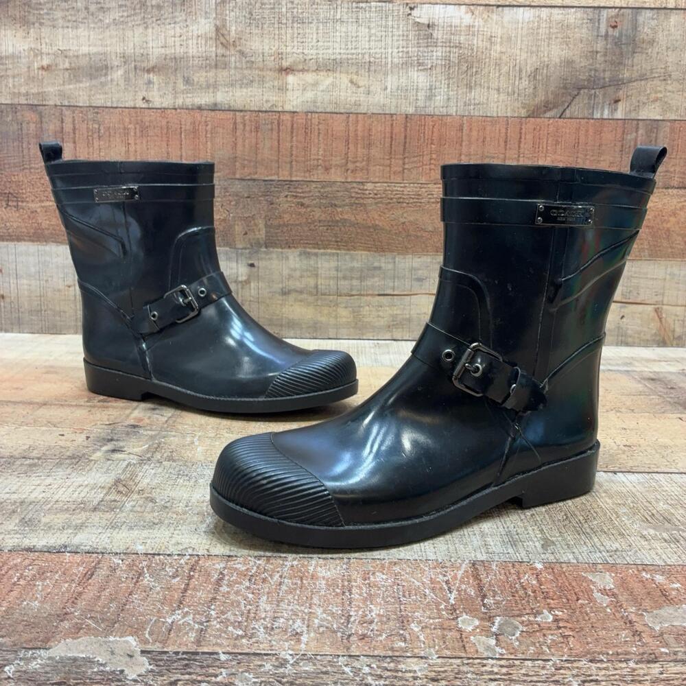 Coach Boots womens 9 B Black Rubber Mid Calf Rain Waterproof Lester Pull On